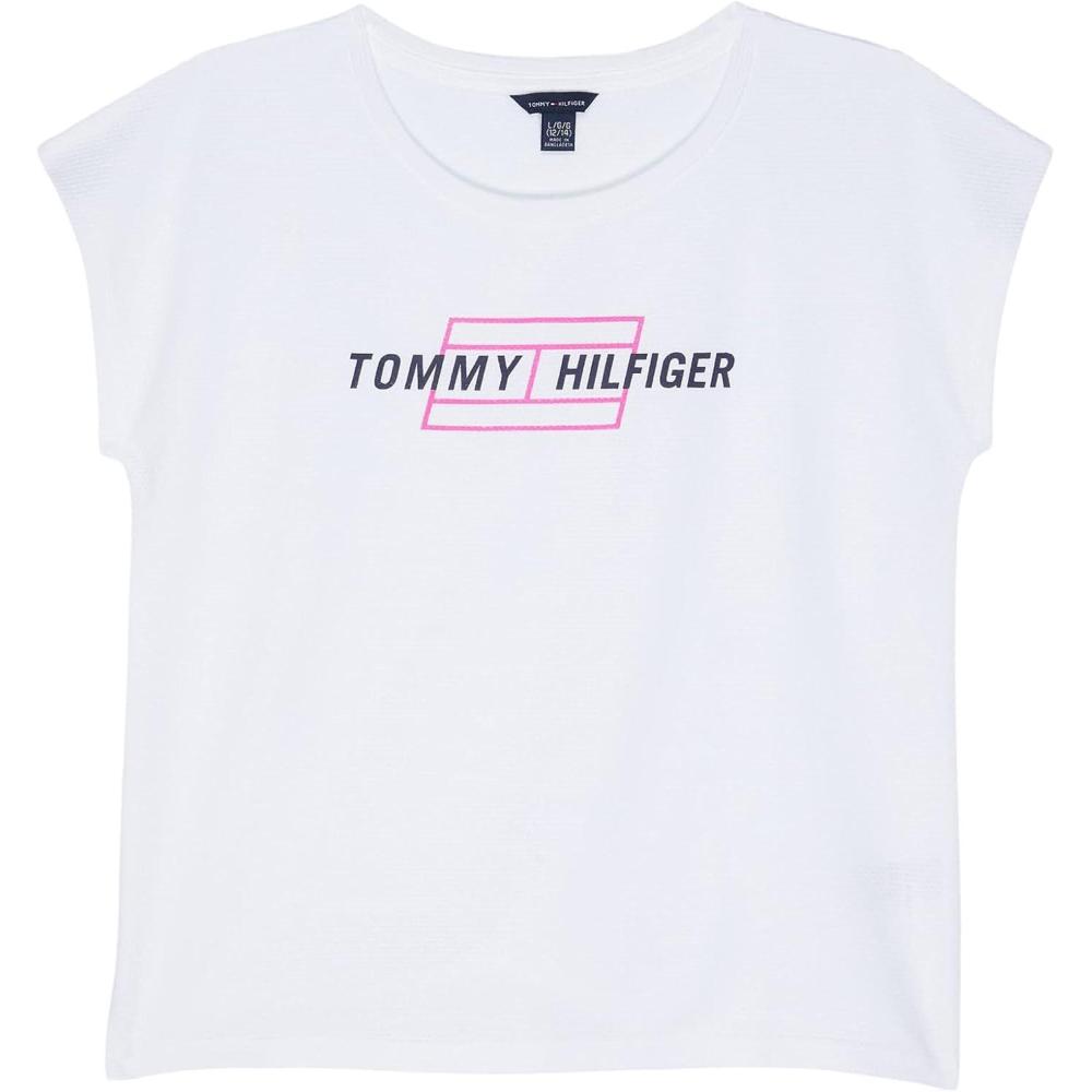 imageTommy Hilfiger Girls Sport Short Sleeve TShirt Crew Neckline Lightweight ampamp StretchyWhite Flag Mesh