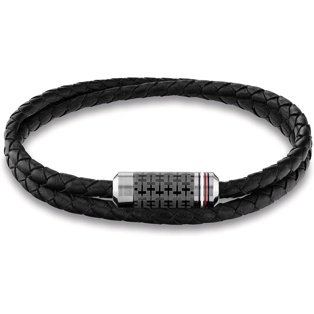 imageTommy Hilfiger Mens Jewelry Tube Double Wrap Braided Leather Bracelet Color Black Model 2790327