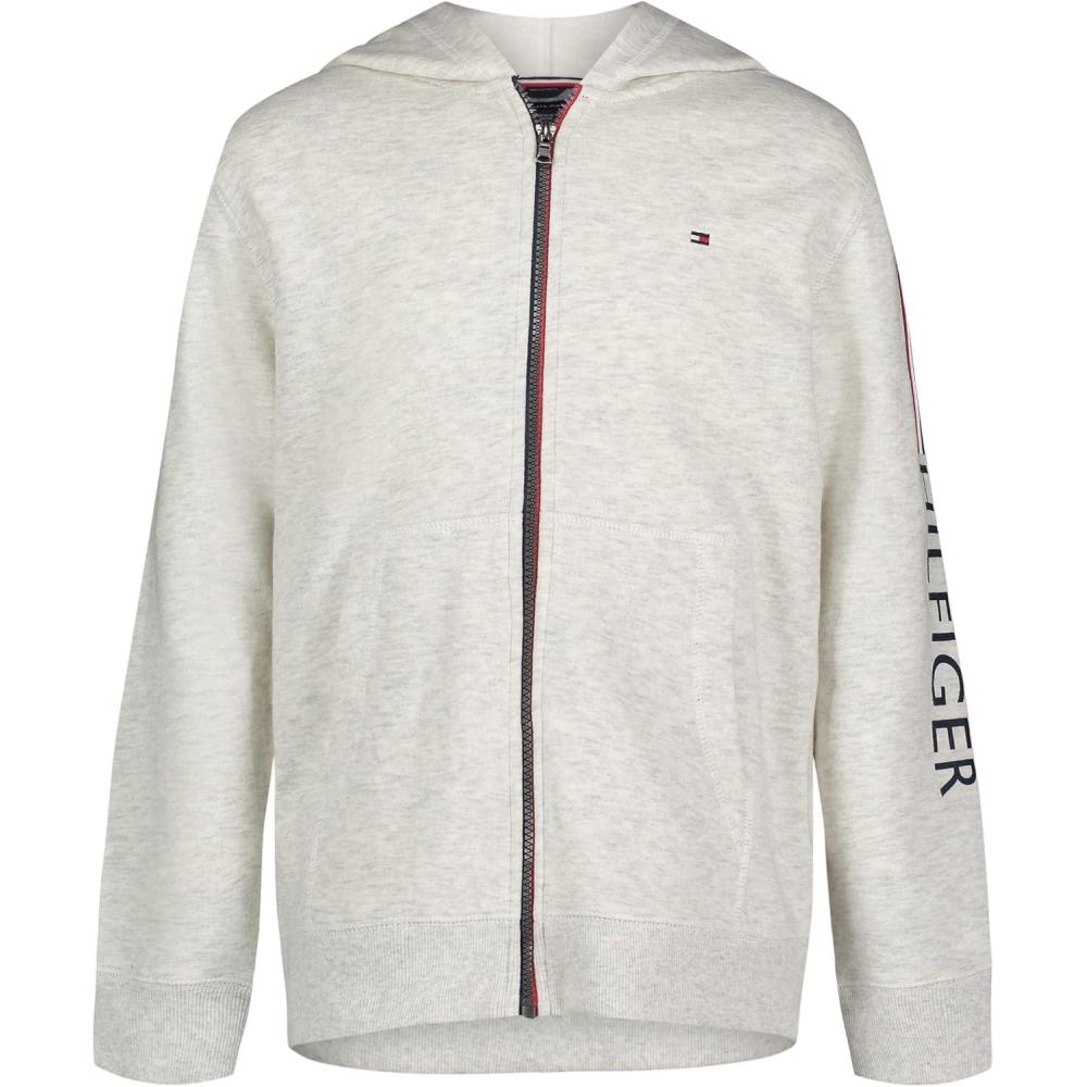 imageTommy Hilfiger boys Long Sleeve Fleece Full Zip Hoodie With Front PocketsOatmeal Heather Signature Stripe
