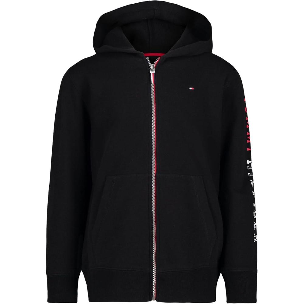 imageTommy Hilfiger boys Long Sleeve Fleece Full Zip Hoodie With Front PocketsPrep Tommy Black