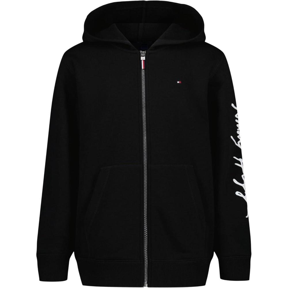 imageTommy Hilfiger boys Long Sleeve Fleece Full Zip Hoodie With Front PocketsSignature Black