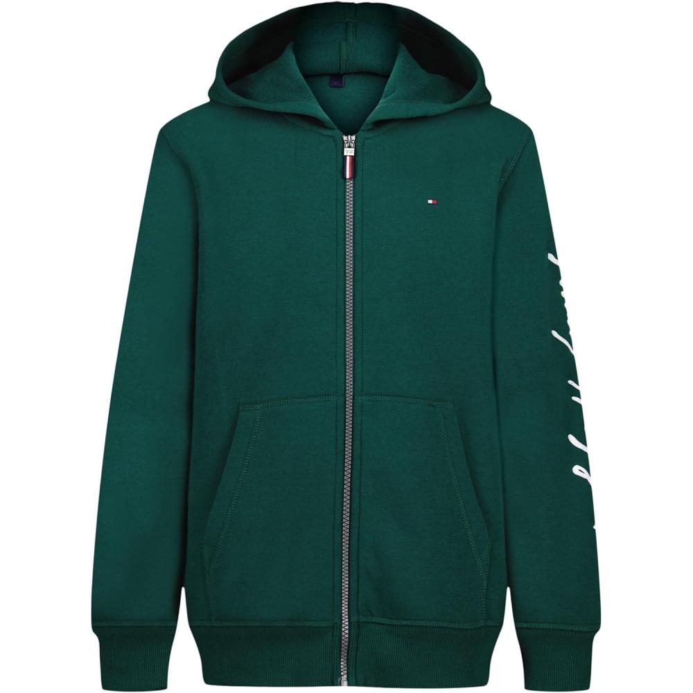 imageTommy Hilfiger boys Long Sleeve Fleece Full Zip Hoodie With Front PocketsSignature Rain Forest