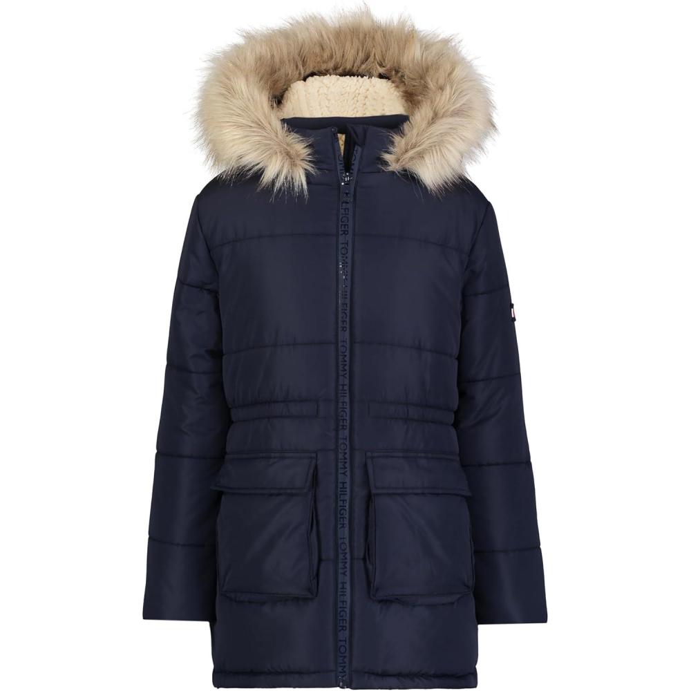 imageTommy Hilfiger girls Long Length Heavyweight Puffer Jacket With Polar Fleece LiningAnorak Navy
