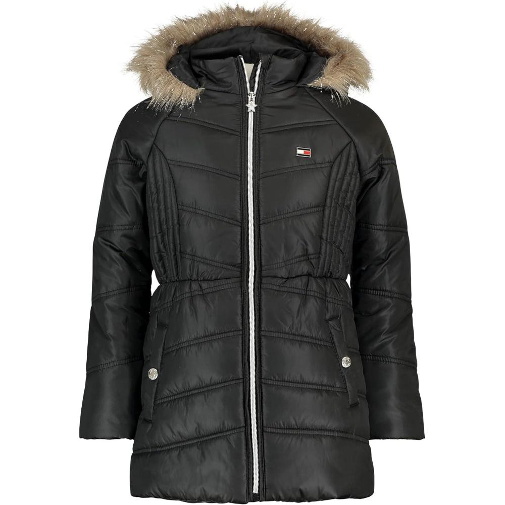 imageTommy Hilfiger girls Long Length Heavyweight Puffer Jacket With Polar Fleece LiningBlack Chevron
