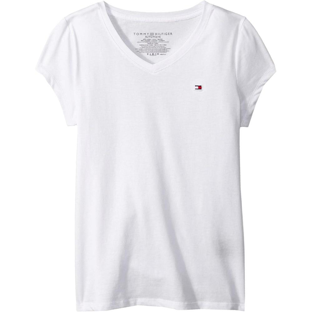 imageTommy Hilfiger girls Short Sleeve Solid Vneck Tshirt Everyday Casual Wear Soft ampamp Comfortable FitWhite Signature
