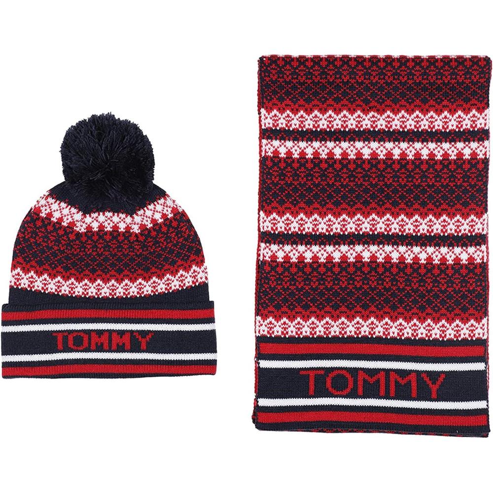 imageTommy Hilfiger mens Scarf and Hat Cold Weather Accessories Gift SetBlue and Red