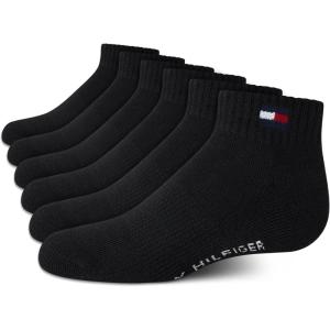 Tommy Hilfiger Boys’ Athletic Socks – Performance Cushion Quarter Cut Ankle Socks (6 Pack)(Black)