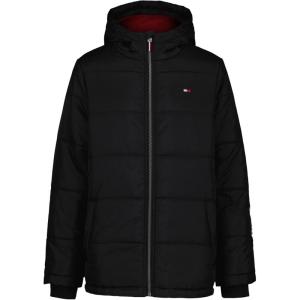 Tommy Hilfiger Boys’ Heavyweight Hooded Polar Fleece Lined Puffer Jacket(Sleeve Logo Black)