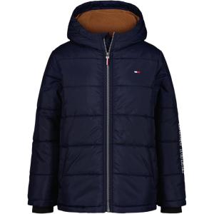 Tommy Hilfiger Boys’ Heavyweight Hooded Polar Fleece Lined Puffer Jacket(Sleeve Logo Navy Blazer)