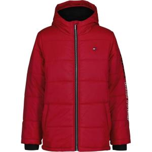 Tommy Hilfiger Boys’ Heavyweight Hooded Polar Fleece Lined Puffer Jacket(Sleeve Logo Scooter Red)