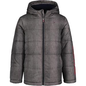 Tommy Hilfiger Boys’ Heavyweight Hooded Polar Fleece Lined Puffer Jacket(Steel Grey Sleeve Logo)