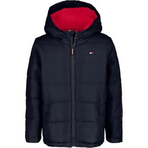 Tommy Hilfiger Boys’ Heavyweight Hooded Polar Fleece Lined Puffer Jacket(Th Sleeve Navy Blazer)