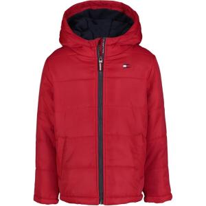 Tommy Hilfiger Boys’ Heavyweight Hooded Polar Fleece Lined Puffer Jacket(Th Sleeve Scooter Red)