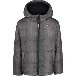Tommy Hilfiger Boys’ Heavyweight Hooded Polar Fleece Lined Puffer Jacket(Th Sleeve Steel Grey)