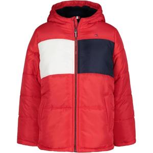 Tommy Hilfiger Boys’ Heavyweight Hooded Polar Fleece Lined Puffer Jacket(Tommy Red Pieced)