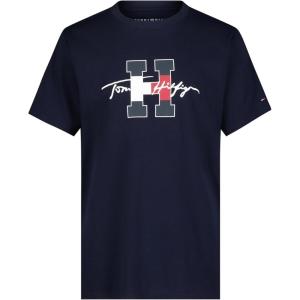 Tommy Hilfiger Boys’ Short Sleeve Graphic Crew Neck T-Shirt, Soft, Comfortable, Relaxed Fit(Script H Navy Blazer)