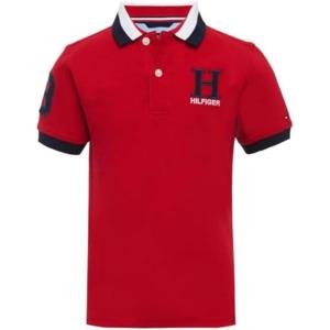 Tommy Hilfiger Boys Short Sleeve Premium Pique Polo Shirt, Button Closure, Soft & Comfortable(Regal Red)