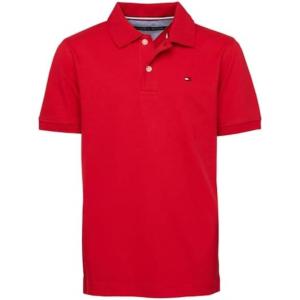 Tommy Hilfiger Boys Short Sleeve Premium Pique Polo Shirt, Button Closure, Soft & Comfortable(Regal Red Stretch)