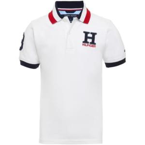 Tommy Hilfiger Boys Short Sleeve Premium Pique Polo Shirt, Button Closure, Soft & Comfortable(White)