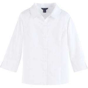 Tommy Hilfiger Girls 3/4 Sleeve Feminine Fit Pinpoint Blouse School Uniform(White)