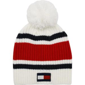 Tommy Hilfiger Girls’ Cuffed Hat with Pom Pom(White Striped)