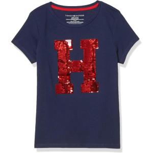 Tommy Hilfiger Girls Fem Fit Short Sleeve Everyday Kids School Uniform Tee(Blue Rainbow)