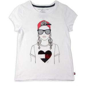 Tommy Hilfiger Girls Fem Fit Short Sleeve Everyday Kids School Uniform Tee(Bright White 04g)