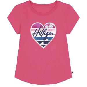 Tommy Hilfiger Girls Fem Fit Short Sleeve Everyday Kids School Uniform Tee(Rasberry Heart)