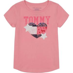 Tommy Hilfiger Girls Fem Fit Short Sleeve Everyday Kids School Uniform Tee(Sea Pink Star)