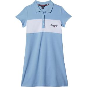 Tommy Hilfiger Girls Short Sleeve Knit Polo Dress, Everyday Casual Wear, Soft & Comfortable Fit(Pieced Blue Bell)