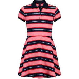 Tommy Hilfiger Girls Short Sleeve Knit Polo Dress, Everyday Casual Wear, Soft & Comfortable Fit(Varsity Stripe Strawberry)