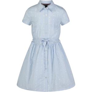 Tommy Hilfiger Girls Short Sleeve Lightweight Denim Dress, Collared with Cinched Waist(Stripe Logo)