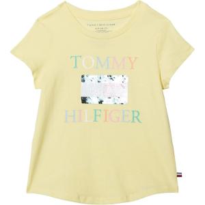 Tommy Hilfiger Girls Short Sleeve T-Shirt with Flag Logo, Cotton Blend Tee with Tagless Interior(Lemonade Flag)