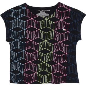 Tommy Hilfiger Girls Sport Short Sleeve T-Shirt, Crew Neckline, Lightweight & Stretchy(Black Rainbow Geo)