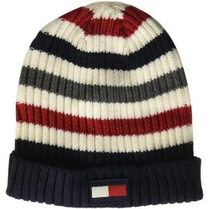 Tommy Hilfiger Mens Ribbed Cuff Hat(White Striped)