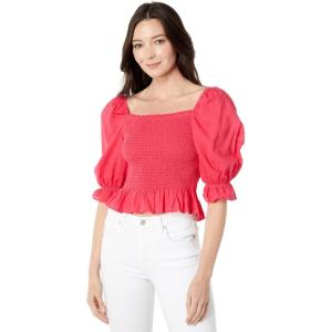 Tommy Hilfiger Womens Smocked Peplum Shirt Blouse(Azalea)