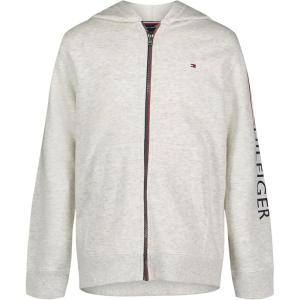 Tommy Hilfiger boys Long Sleeve Fleece Full Zip Hoodie With Front Pockets(Oatmeal Heather Signature Stripe)