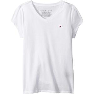 Tommy Hilfiger girls Short Sleeve Solid V-neck T-shirt, Everyday Casual Wear, Soft & Comfortable Fit(White Signature)