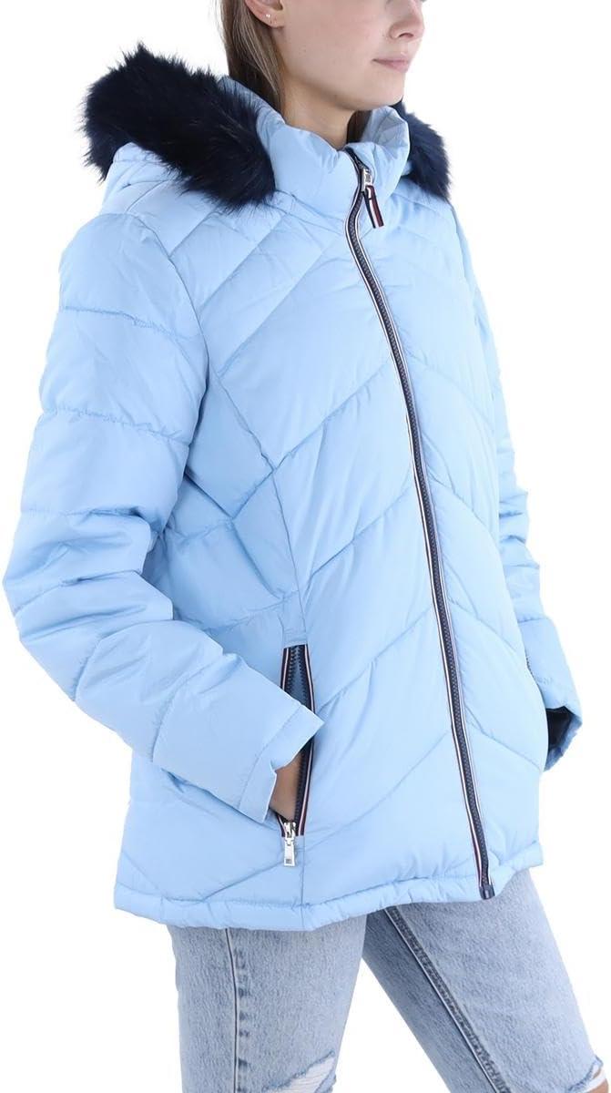 imageTOMMY HILFIGER womens Fur Hood Zip Up Short Puffer JacketCerulean