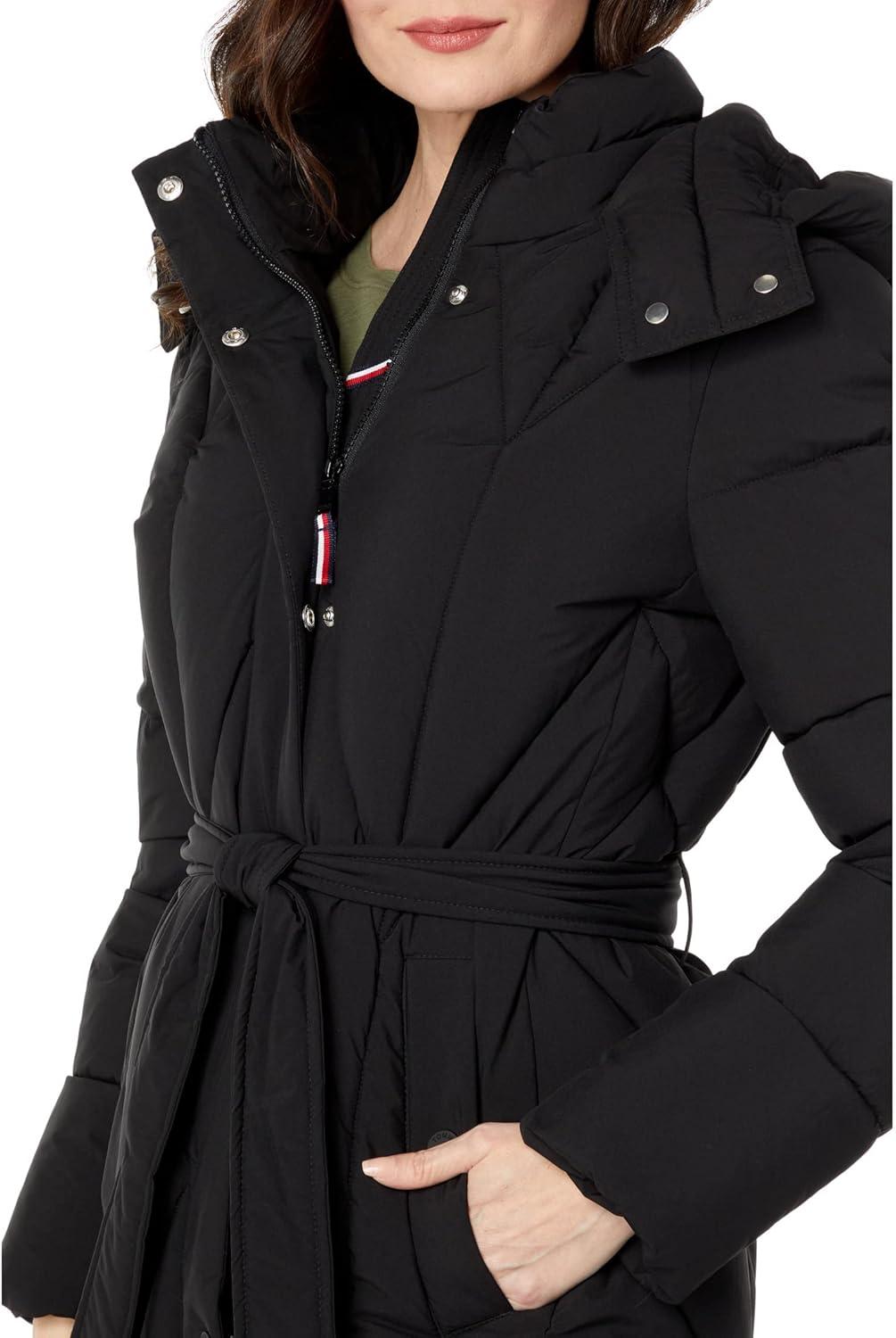 imageTOMMY HILFIGER womens Solid Long Puffer Hooded Self Tie Belt JacketGeometric Belted Black