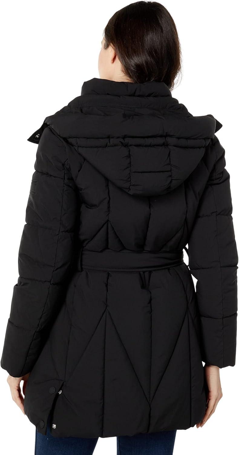 imageTOMMY HILFIGER womens Solid Long Puffer Hooded Self Tie Belt JacketGeometric Belted Black