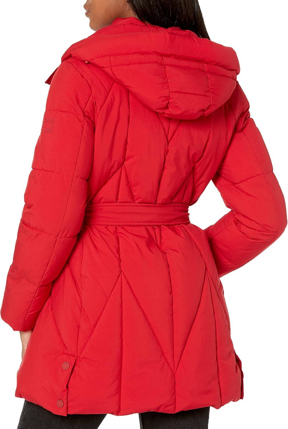 imageTOMMY HILFIGER womens Solid Long Puffer Hooded Self Tie Belt JacketGeometric Belted Crimson
