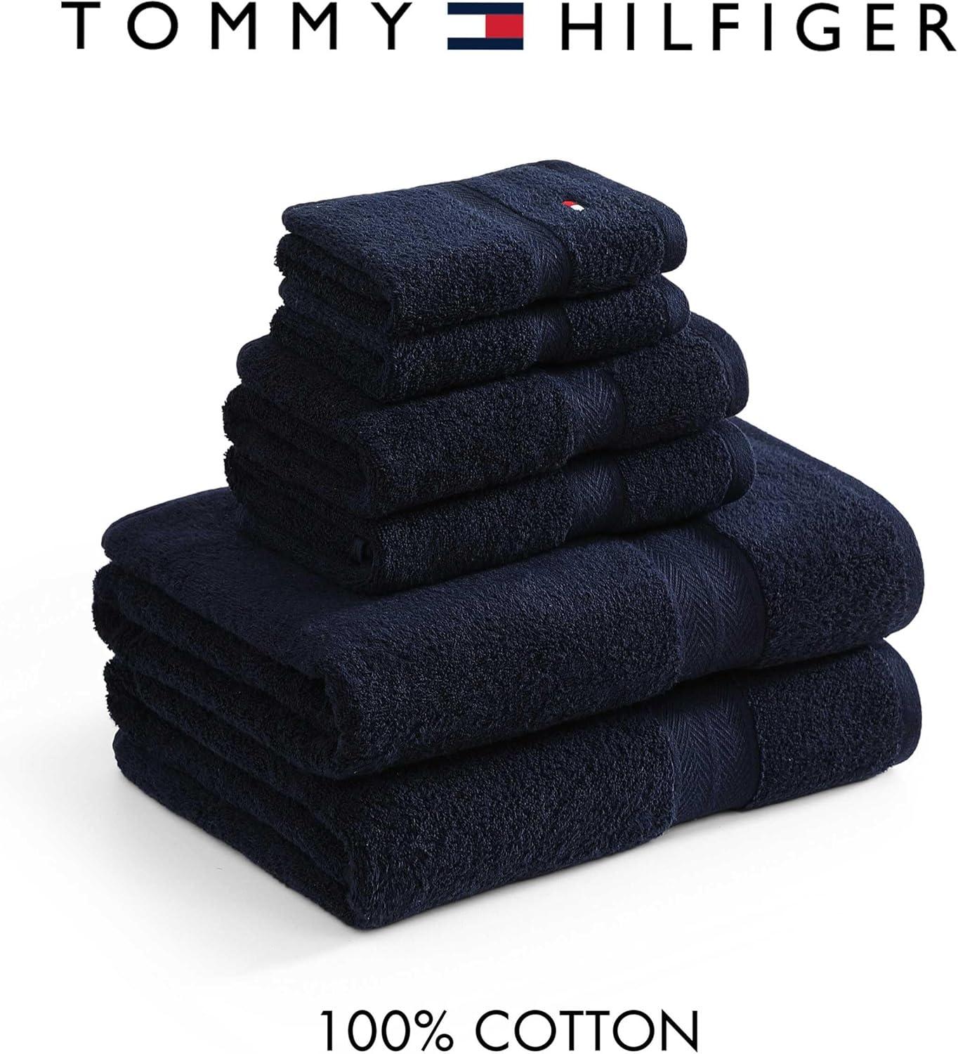 imageTommy Hilfiger Bath Towel Set Absorbent Cotton Terry with Zero Twist Medium Weight OekoTex Certified Modern American White 6 PieceDark Blue