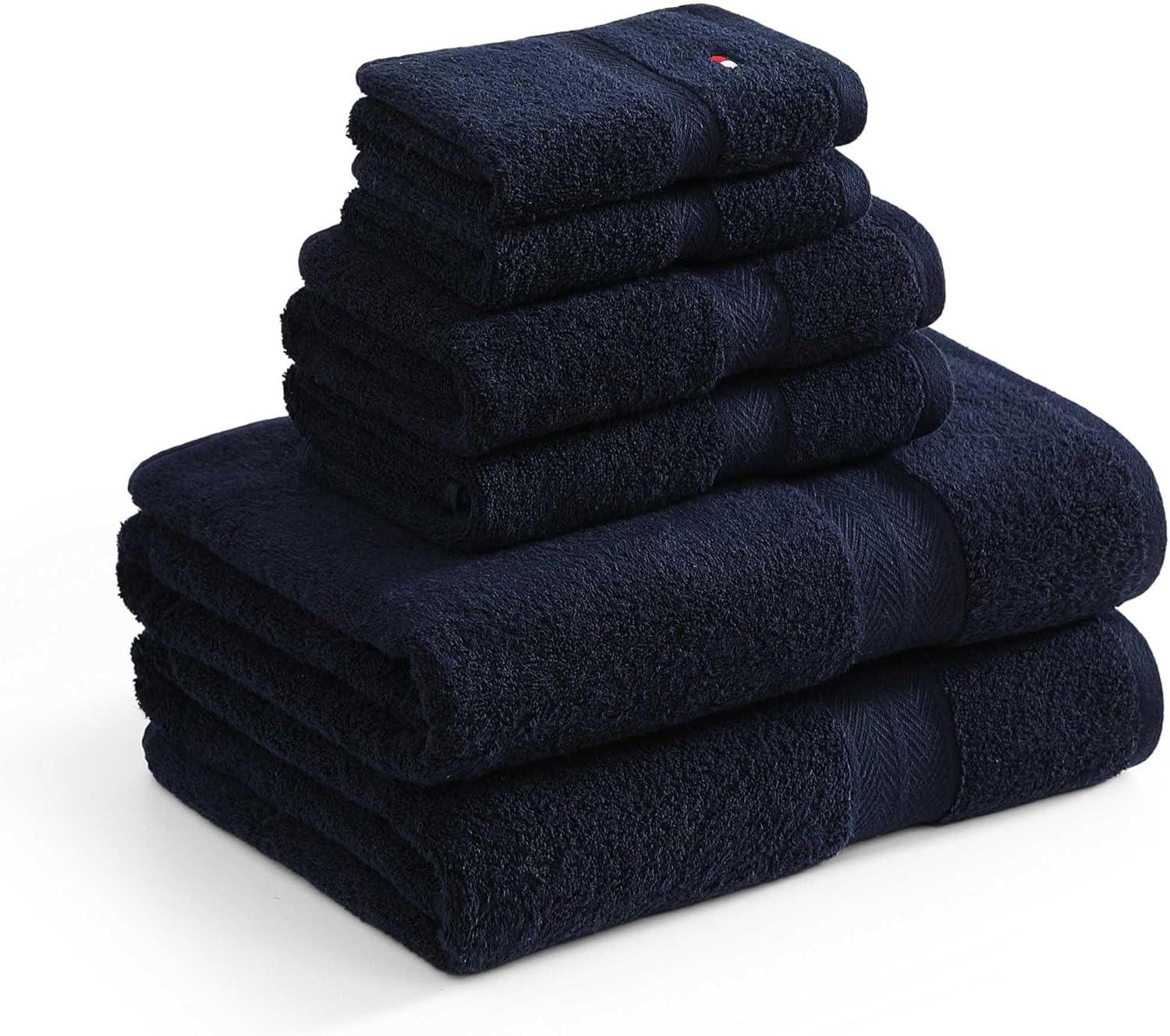 imageTommy Hilfiger Bath Towel Set Absorbent Cotton Terry with Zero Twist Medium Weight OekoTex Certified Modern American White 6 PieceDark Blue