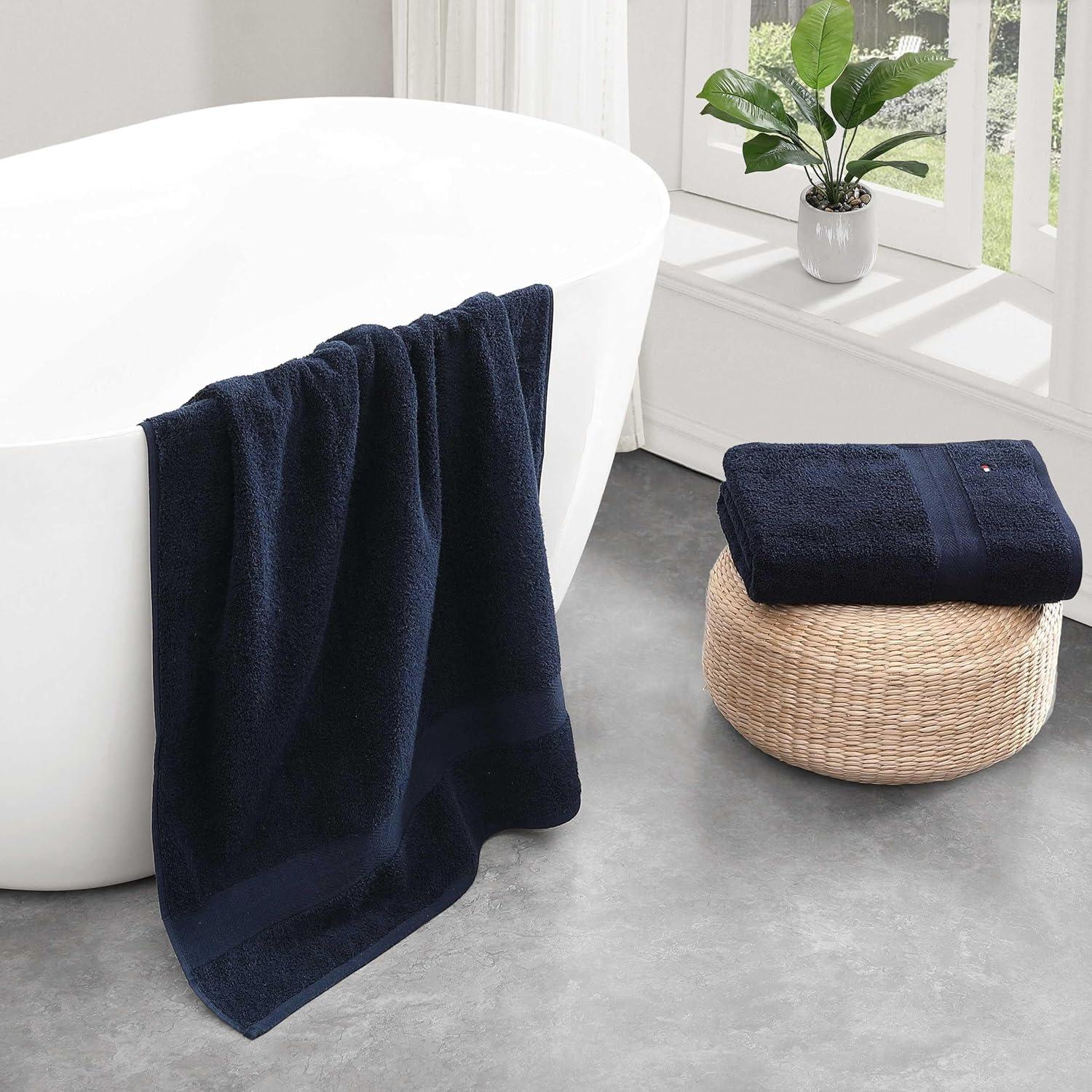 imageTommy Hilfiger Bath Towel Set Absorbent Cotton Terry with Zero Twist Medium Weight OekoTex Certified Modern American White 6 PieceDark Blue