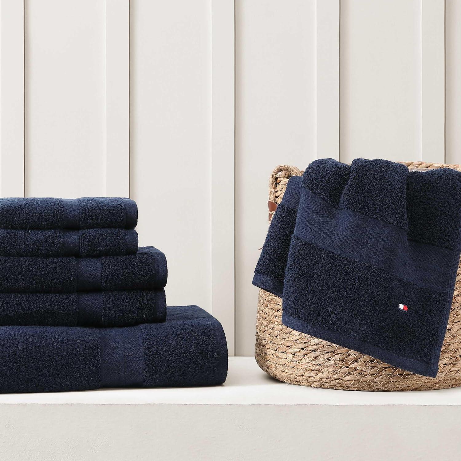imageTommy Hilfiger Bath Towel Set Absorbent Cotton Terry with Zero Twist Medium Weight OekoTex Certified Modern American White 6 PieceDark Blue