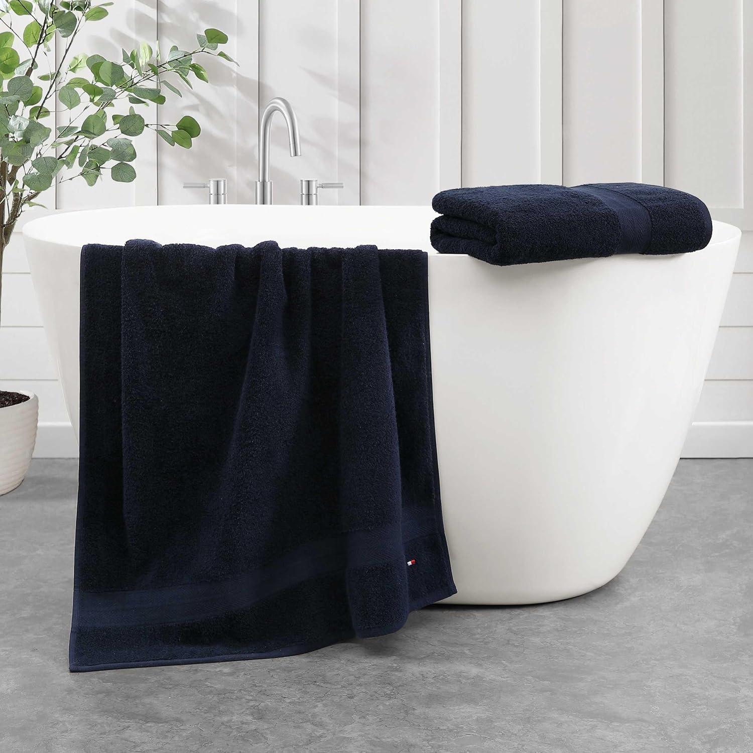 imageTommy Hilfiger Bath Towel Set Absorbent Cotton Terry with Zero Twist Medium Weight OekoTex Certified Modern American White 6 PieceDark Blue