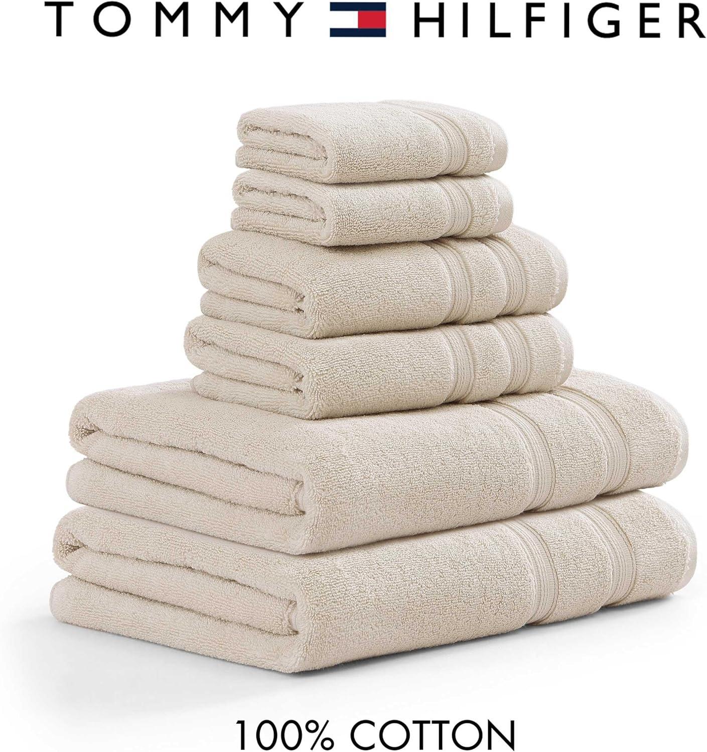 imageTommy Hilfiger Bath Towels UltraSoft ampamp Quick Drying with Zero Twist 600 GSM Bathroom Towels with Iconic Flag Accent Harborside Solid White 6 PieceHarborside Solid Beige