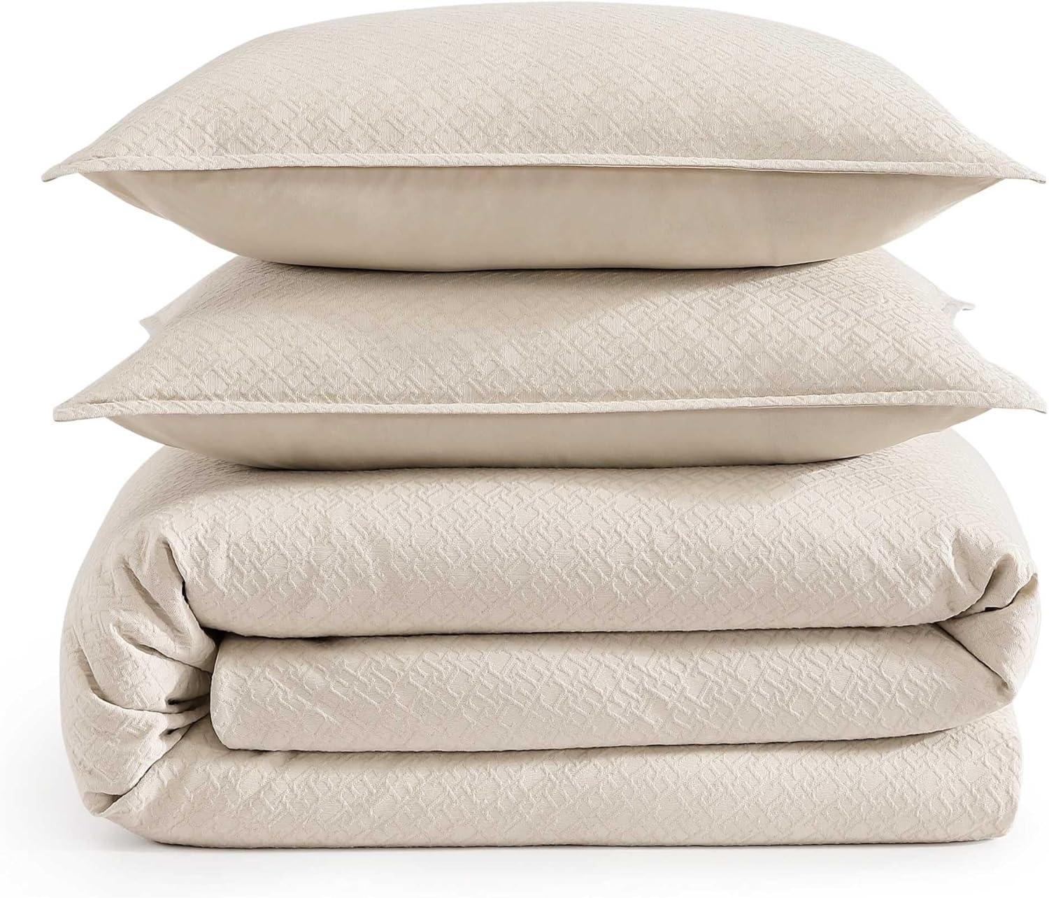 imageTommy Hilfiger Comforter Set Luxuriously Soft Cotton Matelass Bedding with Matching Shams Textured Design Monogram Beige FullQueenMonogram Matelass Beige