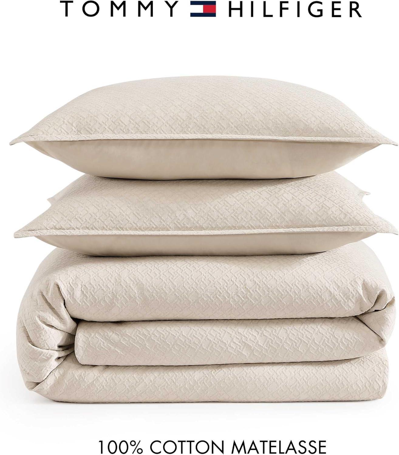 imageTommy Hilfiger Comforter Set Luxuriously Soft Cotton Matelass Bedding with Matching Shams Textured Design Monogram Beige FullQueenMonogram Matelass Beige